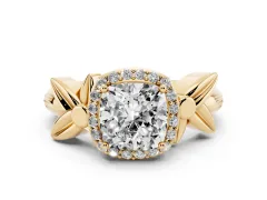 Cushion Cut Diamond Halo Floral Band Ring Set in Yellow gold with Prong Setting