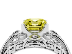 Fancy Yellow Asscher Cut Diamond Art Deco Ring Set in White gold with Pavé Split Shank