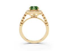 Fancy Green Cushion Cut Diamond Milgrain Halo Solitaire Ring Set in Yellow gold with Bezel Set Side Stones and Pavé Band