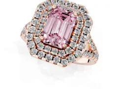Fancy Pink Emerald Cut Diamond Double Halo Ring Set in Rose gold with Pavé Split Shank and Prong Setting