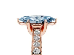 Fancy Blue Marquise Cut Diamond Solitaire Ring Set in Rose gold with Milgrain-Edged Pavé Band and Prong Setting