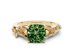Fancy Green Cushion Cut Diamond Solitaire Ring Set in Yellow gold with Leaf Motif Band
