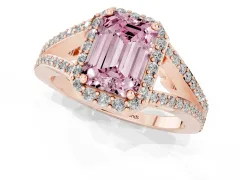 Fancy Pink Emerald Cut Diamond Halo Split Shank Pavé Ring Set in Rose gold with Prong Setting