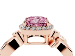 Fancy Pink Cushion Cut Diamond Halo Floral Band Ring Set in Rose gold with Prong Setting