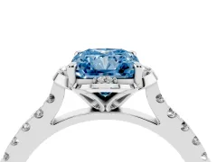 Fancy Blue Radiant Cut Diamond Solitaire Ring Set in Silver with Pavé Band and Floral Prong Setting