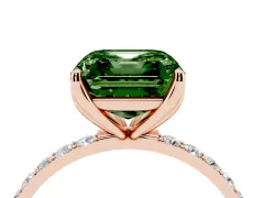 Fancy Green Asscher Cut Diamond Solitaire Engagement Ring Set in Rose gold with Round Pavé Band and Prong Setting