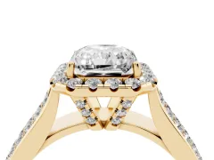 Radiant Cut Diamond Halo Ring Set in Yellow gold with Pavé Band and Raised Center Setting