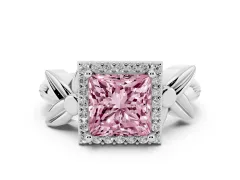 Fancy Pink Princess Cut Diamond Halo Floral Band Ring Set in White gold with Prong Setting