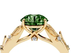 Fancy Green Round Cut Diamond Solitaire Ring Set in Yellow gold with Leaf Motif Band