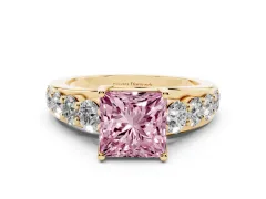 Fancy Pink Princess Cut Diamond Pavé Engagement Ring Set in Yellow gold with Prong Setting