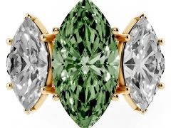 Fancy Green Marquise Cut Diamond Three-Stone Ring Set in Yellow gold with Pavé Band