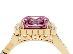 Fancy Pink Asscher Cut Diamond Halo Ring Set in Yellow gold with Leaf Motif Split Shank and Prong Setting