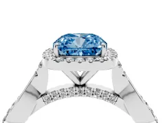 Fancy Blue Cushion Cut Diamond Halo Twist Band Solitaire Ring Set in Silver with Prong Setting