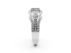 Fancy Black Asscher Cut Diamond Halo Split Shank Ring Set in Platinum with Round Accent Stones and Prong Setting