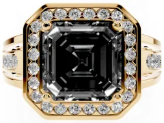 Fancy Black Asscher Cut Diamond Halo Ring Set in Yellow gold with Pavé and Bezel Accent Split Shank