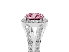 Fancy Pink Cushion Cut Diamond Halo Split Shank Pavé Ring Set in Platinum with Prong Setting