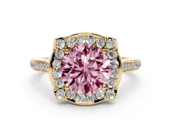 Fancy Pink Round Cut Diamond Halo Ring Set in Yellow gold with Pavé-Lined Shoulders and Prong Setting