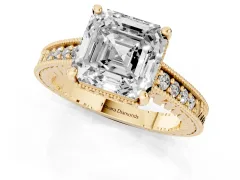Asscher Cut Diamond Solitaire Pavé Milgrain Engagement Ring Set in Yellow gold with Prong Setting