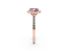 Fancy Pink Princess Cut Diamond Pavé Halo Engagement Ring Set in Rose gold with Pavé Band and Prong Setting