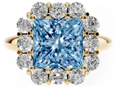 Fancy Blue Princess Cut Diamond Milgrain Halo Solitaire Ring Set in Yellow gold with Bezel Set Side Stones and Pavé Band