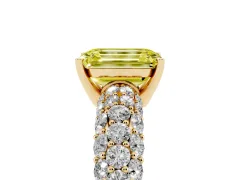 Fancy Yellow Emerald Cut Diamond Pavé Band Solitaire Ring Set in Yellow gold with Close-Set Accent Stones and Prong Setting