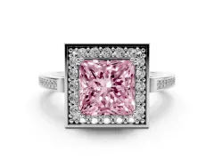 Fancy Pink Princess Cut Diamond Halo Ring Set in Platinum with Accent-Lined Split Shank and Prong Setting