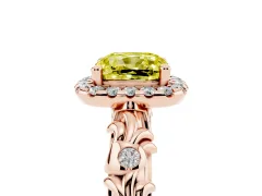 Fancy Yellow Cushion Cut Diamond Halo Ring Set in Rose gold with Filigree Leaf Band and Prong Setting