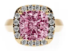 Fancy Pink Cushion Cut Diamond Halo Solitaire Engagement Ring Set in Yellow gold with Square Band and Prong Setting