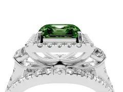Fancy Green Asscher Cut Diamond Halo Split Shank Ring Set in Silver with Round Accent Stones and Prong Setting