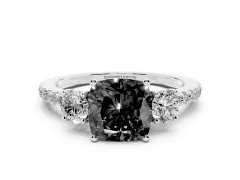 Fancy Black Cushion Cut Diamond Three-Stone Ring Set in Platinum with Pavé Band and Graduated Sides