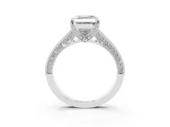 Asscher Cut Diamond Solitaire Ring Set in Silver with Milgrain-Edged Pavé Band and Prong Setting