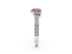 Fancy Pink Heart Cut Diamond Solitaire Ring Set in Platinum with Milgrain-Edged Pavé Band and Prong Setting
