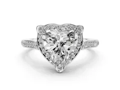 Heart Cut Diamond Halo Ring Set in Platinum with Pavé-Lined Shoulders and Prong Setting
