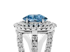 Fancy Blue Oval Cut Diamond Double Halo Ring Set in White gold with Round Pavé Split Shank
