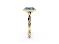 Fancy Blue Emerald Cut Diamond Halo Twist Band Solitaire Ring Set in Yellow gold with Prong Setting