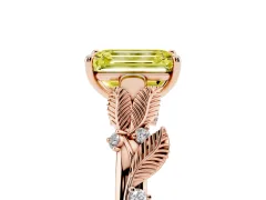 Fancy Yellow Emerald Cut Diamond Solitaire Ring Set in Rose gold with Leaf Motif Band