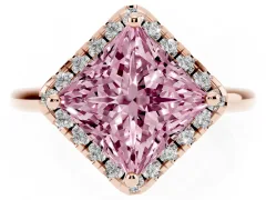 Fancy Pink Princess Cut Diamond Halo Engagement Ring Set in Rose gold with Pavé Band and Rising Shoulders