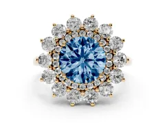 Fancy Blue Round Cut Diamond Floral Double Halo Ring Set in Yellow gold with Round Petals