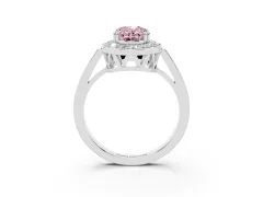 Fancy Pink Oval Cut Diamond Halo Ring Set in White gold with Accent-Lined Split Shank and Prong Setting