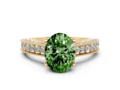 Fancy Green Oval Cut Diamond Solitaire Ring Set in Yellow gold with Milgrain-Edged Pavé Band and Prong Setting