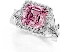 Fancy Pink Asscher Cut Diamond Halo Ring Set in Platinum with Leaf Motif Split Shank and Prong Setting