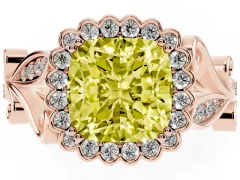 Fancy Yellow Cushion Cut Diamond Halo Ring Set in Rose gold with Leaf Motif Split Shank and Prong Setting