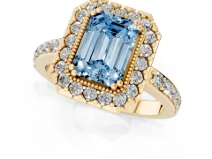Fancy Blue Emerald Cut Diamond Halo Ring Set in Yellow gold with Pavé Shank and Prong Setting