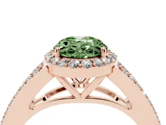 Fancy Green Oval Cut Diamond Halo Split Shank Pavé Ring Set in Rose gold with Prong Setting