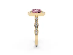 Fancy Pink Princess Cut Diamond Halo Engagement Ring Set in Yellow gold with Milgrain Band and Prong Setting