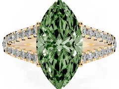 Fancy Green Marquise Cut Diamond Split Shank Pavé Engagement Ring Set in Yellow gold with Prong-Held Center Stone