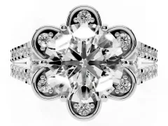 Round Cut Diamond Floral Halo Split Shank Engagement Ring Set in White gold with Pavé Shank