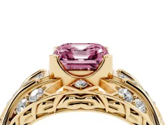 Fancy Pink Asscher Cut Diamond Art Deco Ring Set in Yellow gold with Pavé Split Shank
