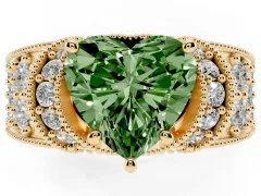 Fancy Green Heart Cut Diamond Milgrain Halo Pavé Engagement Ring Set in Yellow gold with Prong Setting