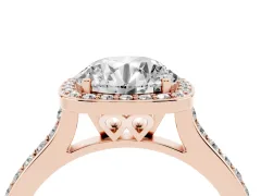 Round Cut Diamond Halo Engagement Ring Set in Rose gold with Round Pavé Shoulders and Heart Gallery